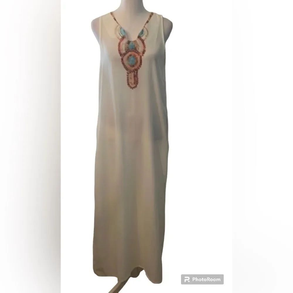 Orderplus size S white maxi swimsuit coverup w/side slits GUC